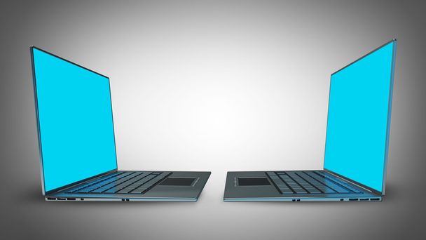 rendu 3D de deux ordinateurs portables avec des graphismes bleus
 - Photo, image