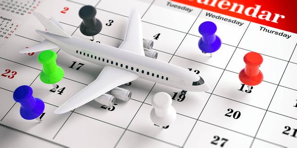 計画休暇の概念。飛行機白とカラフルな押しピン、カレンダーの背景に。3 d イラストレーション. - 写真・画像