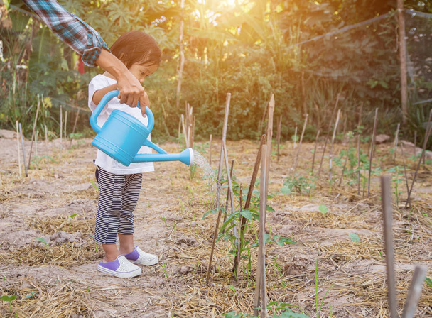 Маленька дівчинка поливає дерево з водяним горщиком
 - Фото, зображення