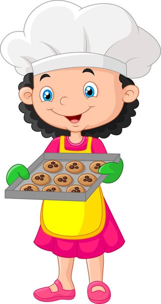 Meisje houdt van bakplaat met bakken klaar om te eten - Vector, afbeelding