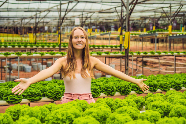 Young female farmer researching plants in hydroponic salad farm. Agriculture and scientist concept. - Foto, imagen