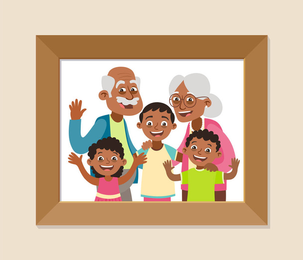 Бабушка с дедушкой и внуками в рамке фото. День бабушки и дедушки. С бабушкой и дедушкой и детьми. Векторная иллюстрация в стиле мультфильма
. - Вектор,изображение
