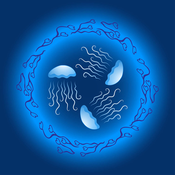 Знамя с тремя медузами, плавающими по кругу. Окруженный водорослями. В лучах света. Векторная иллюстрация
. - Вектор,изображение