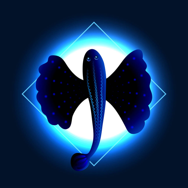 Flying fish, exotic, waterfowl animal. With a luminous pattern on the back. Abstract, magic drawing. In the beam of light of the moon. For printing on fabric, clothing. Vector illustration. - Vector, Image