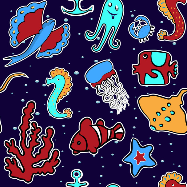 Seamless background from sea animals. A sea horse, a jellyfish, a stingray, an octopus, a parrotfish, starfish, corals. On a blue background with air bubbles. For printing on fabrics. Vector illustration. - Vector, Imagen