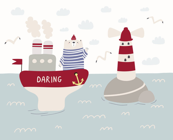 Hand drawn vector illustration of a cute funny sailor bear sailing on a ship near lighthouse  with seagulls in sky, Scandinavian style flat design - Vector, Image