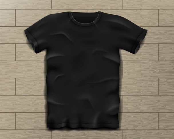 Černá realistická slim mužské tričko. Prázdná šablona tričko Vintage dřevěné podlaze, samostatný. Sportovní tričko design člověka. Vektorové ilustrace - Vektor, obrázek