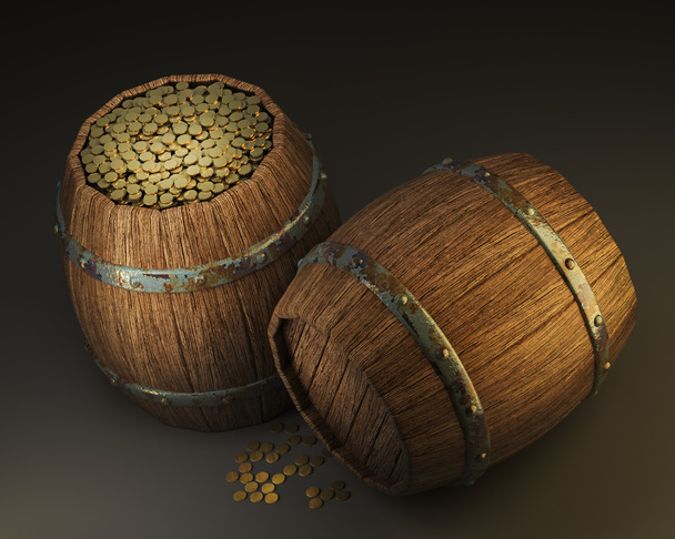 Wooden barrels with coins 3D - Fotó, kép