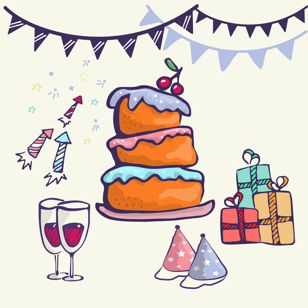 Torta, ajándék, szemüveg, ünnepi sapkák, zászlók, tűzijáték, elszigetelt. Kézi rajz. Vektoros illusztráció. banner Képeslap-meghívó esküvői party születése gyermek születésnapja - Vektor, kép