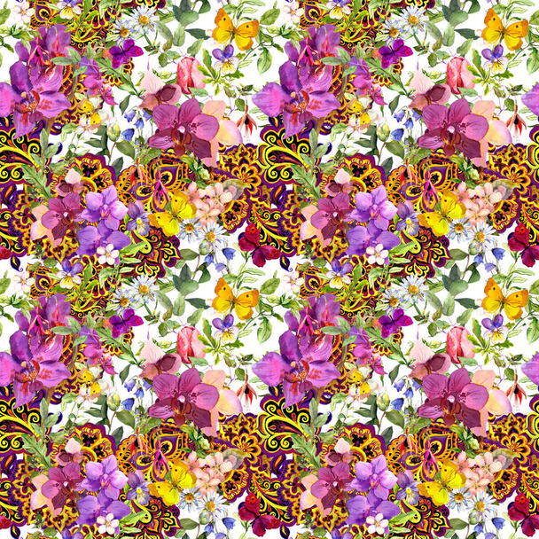 Seamless floral pattern. Ethnic ornate ornament paisley, flowers, butterflies . Watercolor - 写真・画像