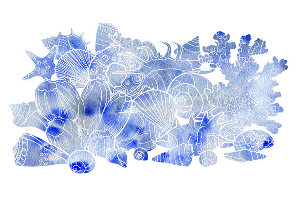 watercolor background with seashells - Фото, изображение