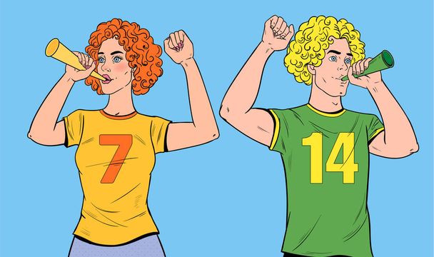Pop-Art fotbaloví fanoušci s rohy podporuje oblíbené týmy. Fotbalový fanoušek muž a žena s Vuvuzela. Vektorové ilustrace - Vektor, obrázek