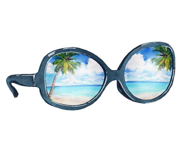 Akvarelu ilustrace sluneční brýle s odrazem tropické pláže, palmy, oceán a modrá obloha. Izolované na bílém pozadí. - Fotografie, Obrázek