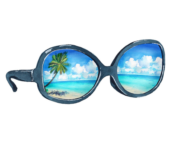 Akvarelu ilustrace sluneční brýle s odrazem tropické pláže, palmy, oceán a modrá obloha. Izolované na bílém pozadí. - Fotografie, Obrázek