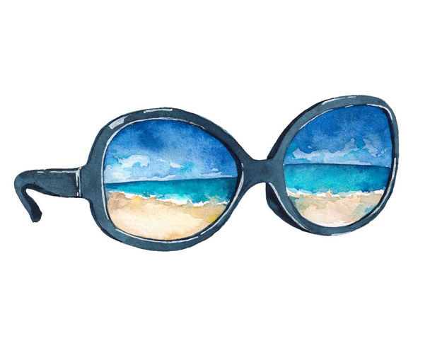Watercolor illustration of sunglasses with reflection of the beach, ocean and blue sky. Isolated on white background. - Photo, Image