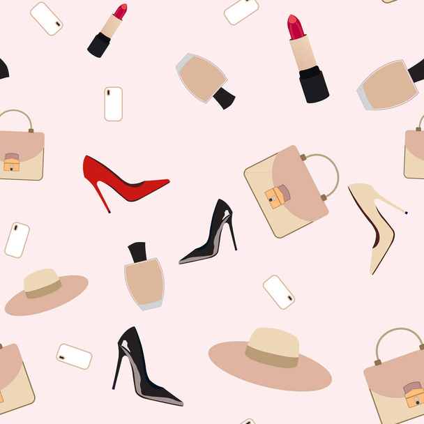 Fashion pattern seamless with perfume, shoes, hat, handbag. Vector stock. - Photo, Image