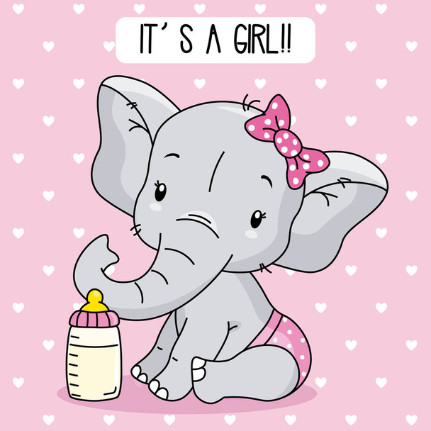 cute baby elephant. baby girl arrival card - Vecteur, image