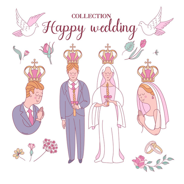 Wedding set. Set of elements for your own wedding invitation design. Wedding in Church. Bride and groom in wedding crowns. Flower frames. Vector illustration. - Vector, Image