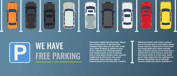 City parking lot with a group of different cars top view. Public car-park. Vector Flat illustration for web or poster banner. - Vector, Image