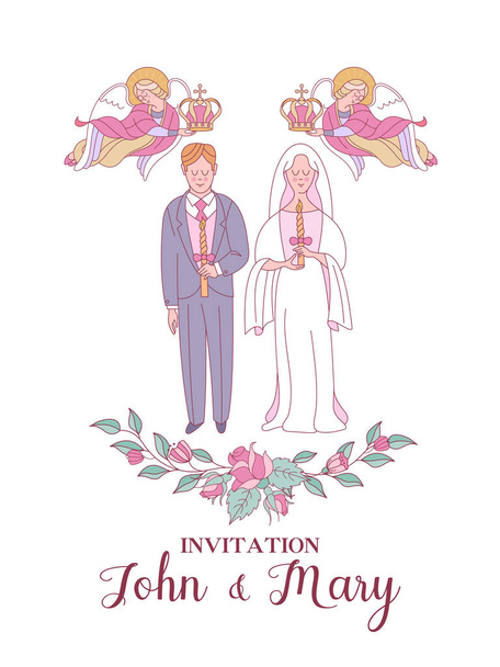 Wedding invitation. Wedding card. Wedding ceremony in the Church. The bride and groom in wedding crowns. Flower frames. Angels of heaven hold wedding crowns over the heads of the bride and groom. - Vector, Image