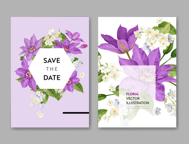 Γάμος πρόσκληση πρότυπο με λουλούδια και φοίνικες φύλλα. Τροπικό φλοράλ αποθηκεύσετε την ημερομηνία κάρτα εξωτικό λουλούδι ρομαντικό σχέδιο για ευχετήρια κάρτα, γενέθλια, επέτειο. Εικονογράφηση διάνυσμα - Διάνυσμα, εικόνα