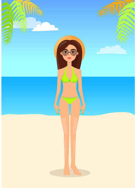 Woman in Panties and Bra Swimsuit Hat Vector - Διάνυσμα, εικόνα