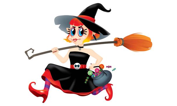 Działa Ładna czarownica, trzymając misce cukierki i magiczne miotła w ręku. Na białym tle. - Wektor, obraz