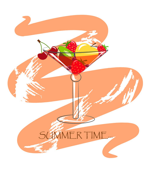 ein mit Früchten gefülltes Martini-Glas auf dem Hintergrund einer gezeichneten Linie und eines Textes - Vektor, Bild