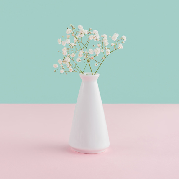 pastel pembe ve mavi zemin üzerine ihale çiçekli Beyaz vazo - Fotoğraf, Görsel