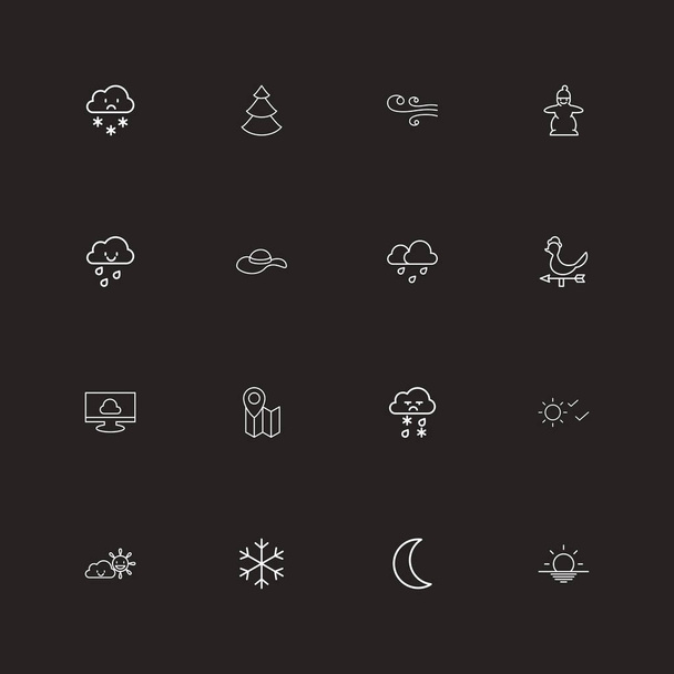 Conjunto de 16 iconos climáticos editables estilo de línea. Incluye símbolos como copo de nieve, llovizna, veleta de gallo y más. Se puede utilizar para diseño web, móvil, IU e infografía
. - Vector, Imagen