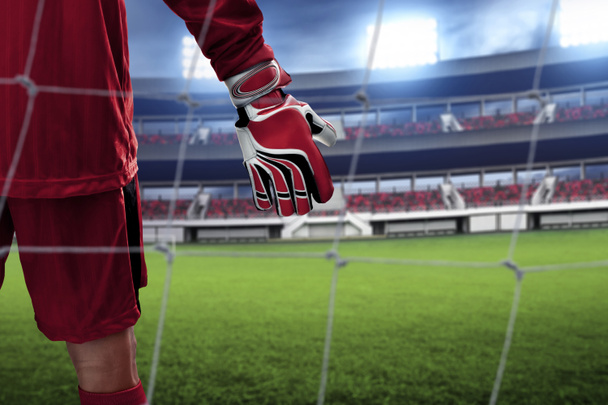 Soccer goalkeeper gloves on the field - Foto, Imagem