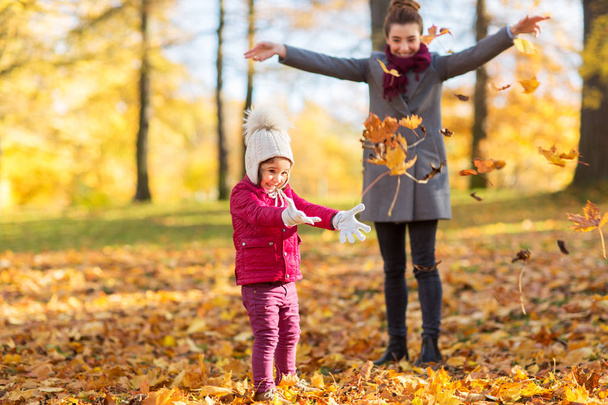 happy family playing with autumn leaves at park - Foto, afbeelding