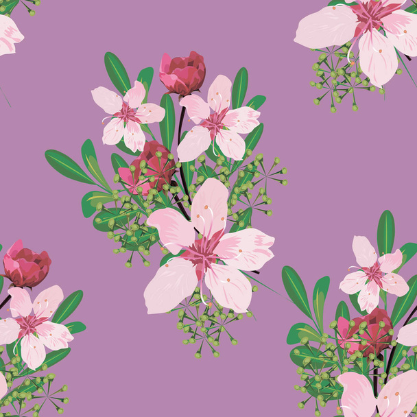 Seamless pattern Vector floral watercolor style design: garden powder white pink Anemone flower silver Eucalyptus branch green thyme wax flowers greenery leaves. Rustic romantic background print - Vecteur, image