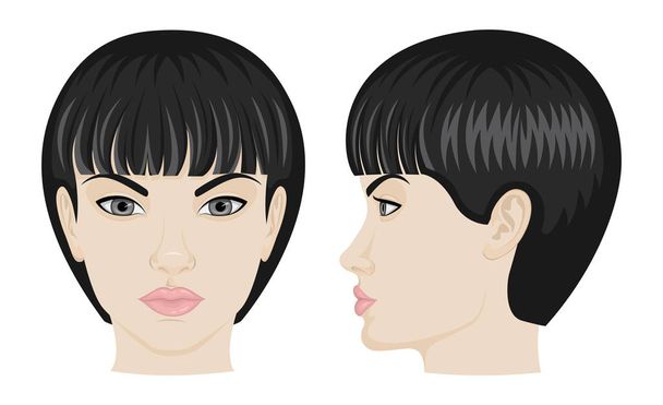 Het gezicht van een meisje met kort zwart haar en grijze ogen aan de voorkant en zijkant - Vector, afbeelding