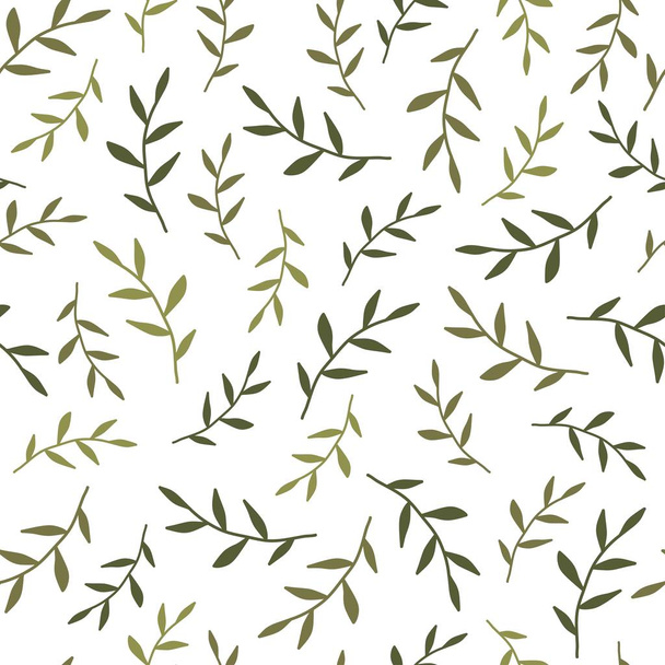 Seamless floral pattern with little bright green blades of grass. Floral texture on white background. Cartoon style sprigs with oval leaflets. For printing on fabric or paper. Vector illustration. - Vektör, Görsel