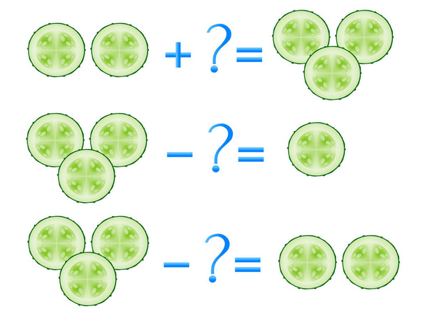 Action relationship of addition and subtraction, examples with slices of cucumber. Educational games for children. - Vector, Image
