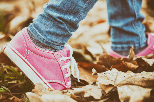 piernas femeninas en zapatillas de deporte de color rosa caminando sobre hojas caídas de otoño
  - Foto, imagen