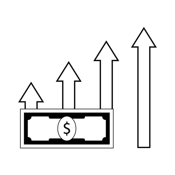 Profit növekedést vonal. Nyíl fel körvonal és dollár bankjegy. Vektoros illusztráció - Vektor, kép