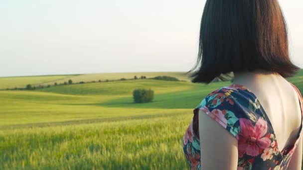 piękna dziewczyna Europejskiej z krótkie czarne włosy w Krótka spódnica z kwiatami stojąc przed aparat z jego pleców i patrząc w zielonym polu żyta, pszenicy - Materiał filmowy, wideo