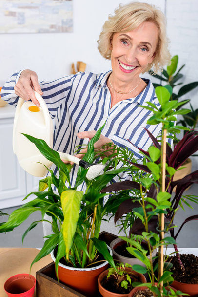 Szczęśliwa kobieta senior podlewanie roślin doniczkowych i uśmiecha się do kamery - Zdjęcie, obraz