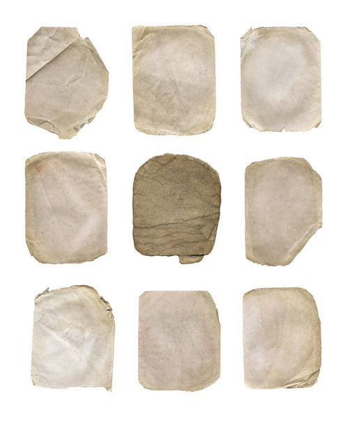  Aged and worn paper set. Old paper sheets isolated on white. Old vintage paper backgrounds set  - Photo, Image