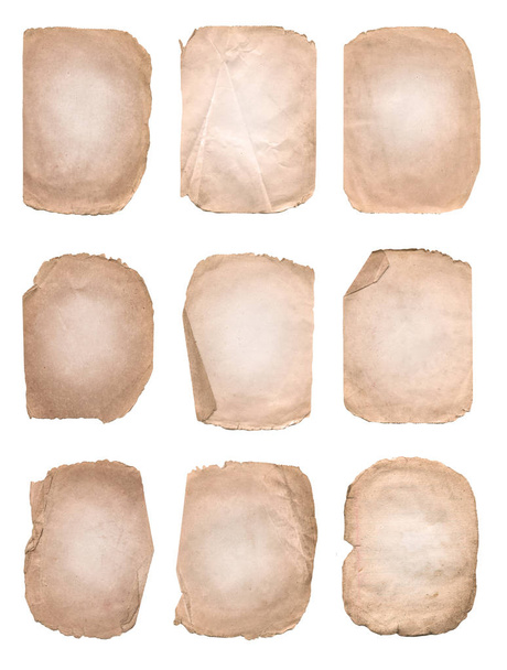 Collection of various old paper. Old vintage paper texture set. Aged and worn paper set. Old paper sheets isolated on white - Photo, Image