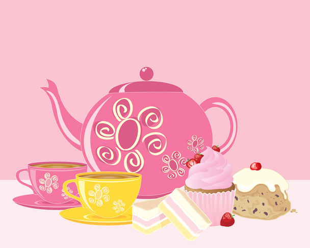 eine Vektorillustration im Format von Folge 10 eines Nachmittagstees mit rosa Thema, einschließlich Teekanne und Tassen leckeren Kuchen und einer babyrosa Tischdecke - Vektor, Bild