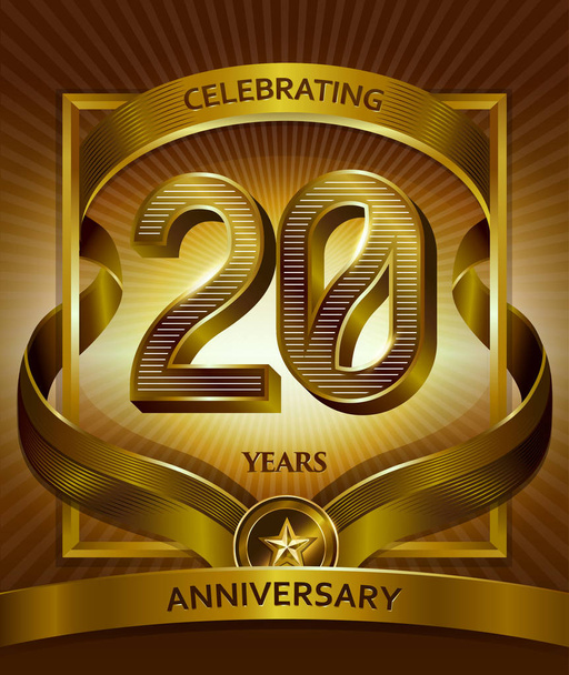 20  years anniversary logo. Vector and illustration shiny gold ribbon - Vector, Image