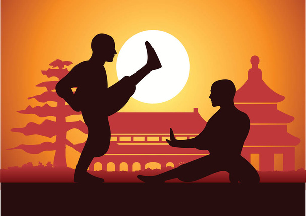Бокс китайського кунг-фу бойові мистецтва відомого спорту, два боксера спільно воювати навколо з китайських храм, дизайн силует захід сонця - Вектор, зображення