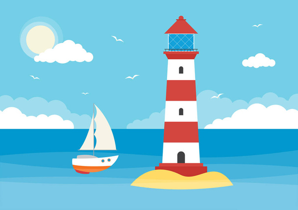 A sailing boat and lighthouse in an ocean on a sunny day with clouds - Vector, Imagen