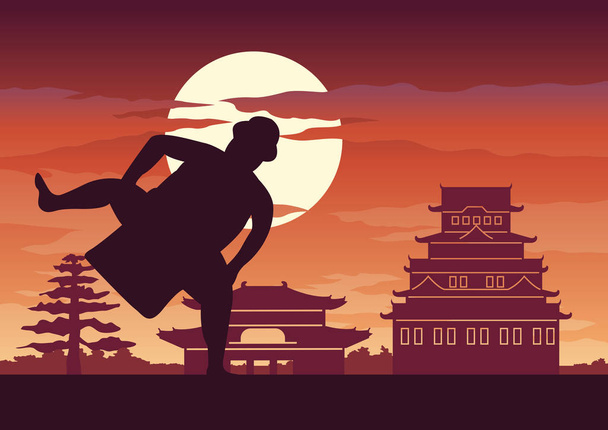 Fat man battle of Japan called Sumo ready to fight pose in front of palace and castle of Japanese style,silhouette design - Vector, Image