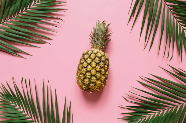 Ripe pineapple on pastel pink background isolated. Palm leaves border frame. Minimalist style trendy tropical concept. - Photo, image