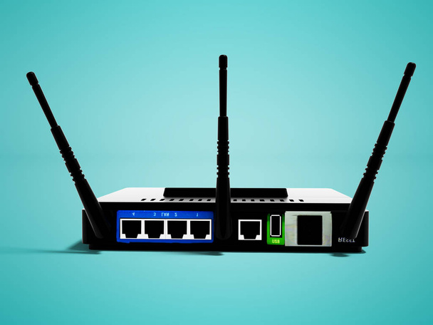 Сучасний чорний Wi-Fi маршрутизатор три антени на трьох комп'ютерах позаду 3d рендеринга на синьому фоні з тіні
 - Фото, зображення