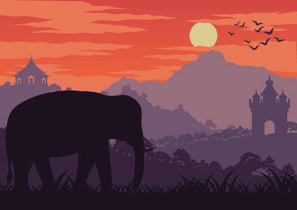 in the morning life, an elephant symbol of Thailand and Laos walk in wood near landmark,silhouette design and vintage color,vector illustration - Vector, Image